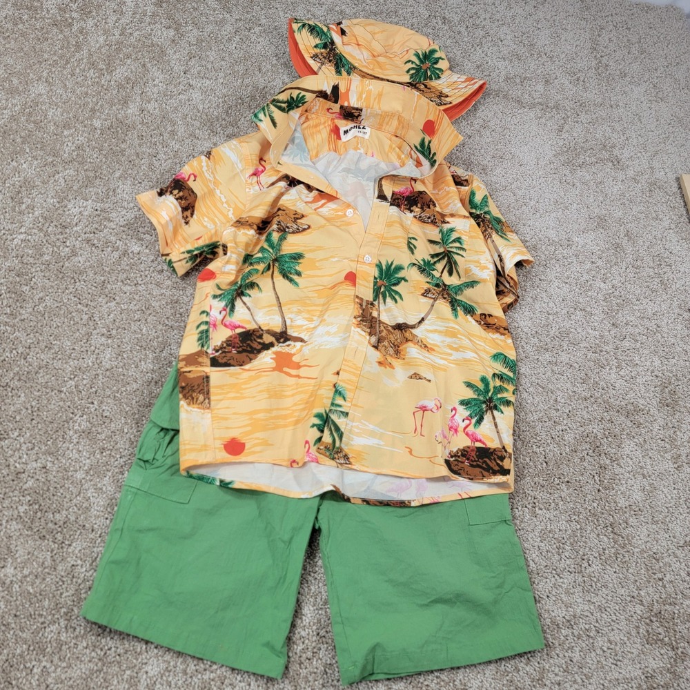 Mohez Boys' Cabana Set 3 Piece Outfit Shirt Shorts Hat Palm Tree Flamingo 11 12Y